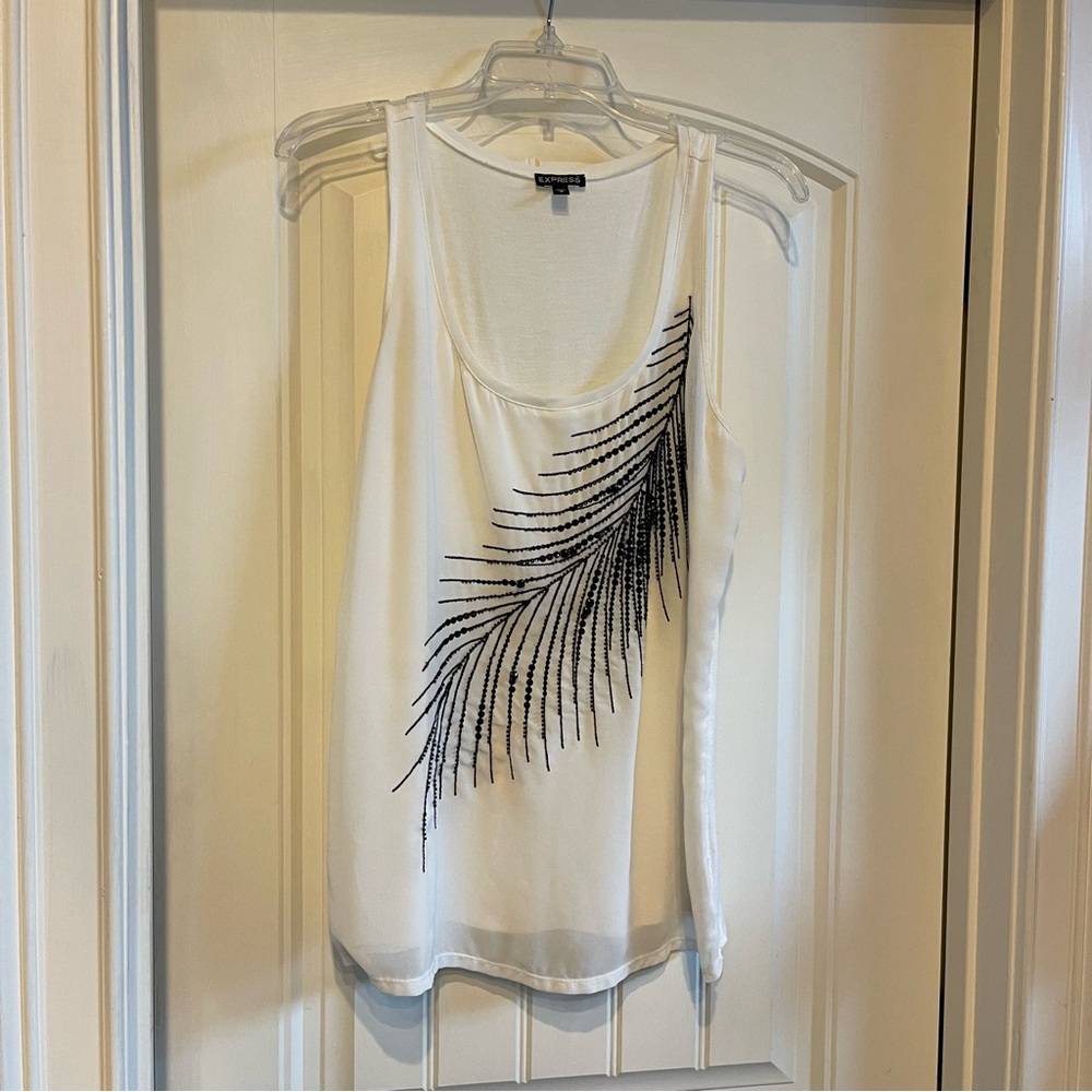Express beaded feather tank top, black & white